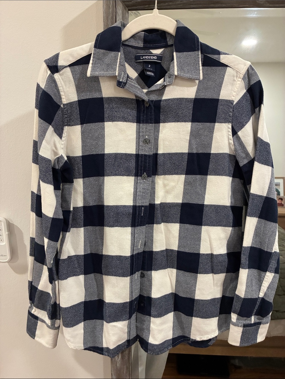 Lands' End Navy and White Buffalo Plaid Button-Down Flannel